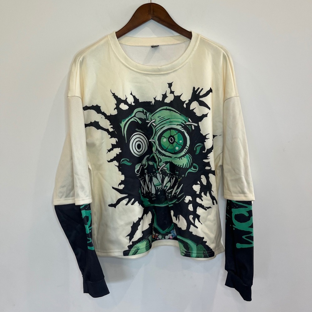 Manfinity Mens Cream Zombie Graphic Sweatshirt Layered Sleeve Large